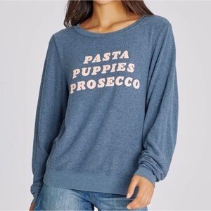 Wildfox Graphic Baggy Beach Jumper Sweatshirt Blue Pasta Puppies Prosecco Size S